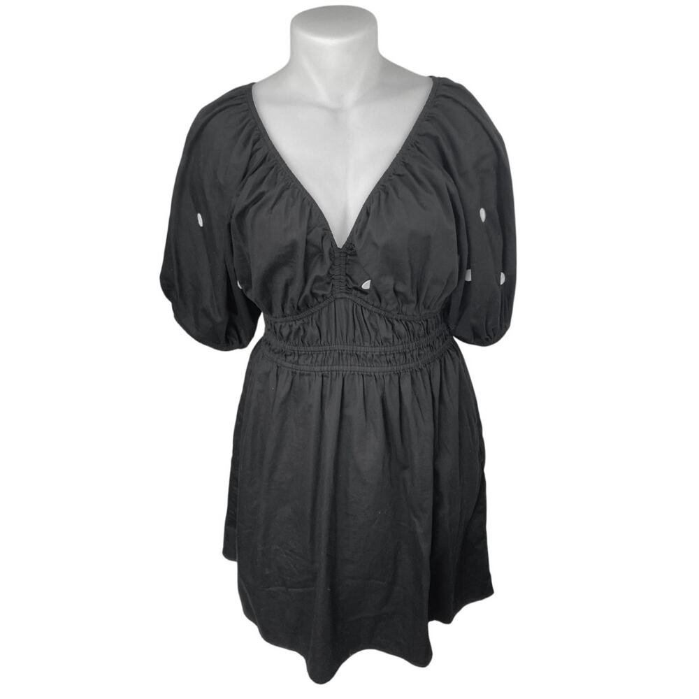 Old Navy Black Short Puff Sleeve Polka Dot Deep V Neck Fit & Flare Midi Dress LT